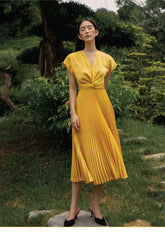 Silk Midi Dress with Pleated Skirt, Cap Sleeves and Front Twist Detail for Elegant Events